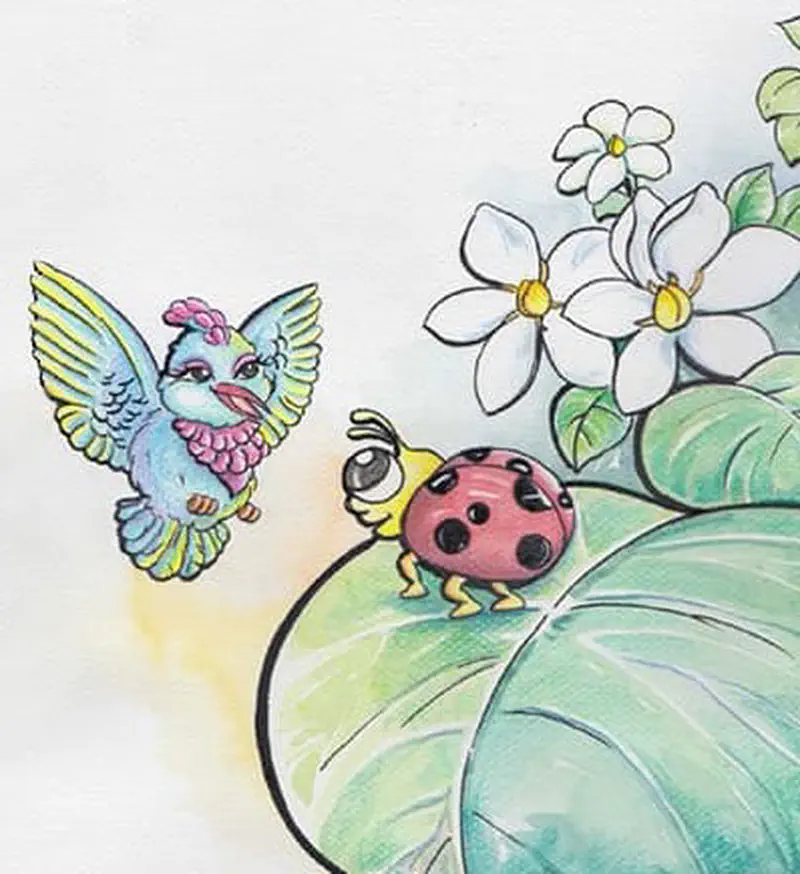 A blue bird with spread wings talking to a pink ladybug on a large green leaf near white flowers.