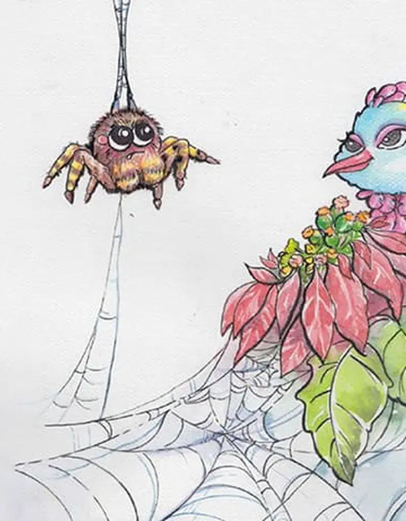 A cute fuzzy spider hanging from its web while a blue bird watches from a red poinsettia plant.