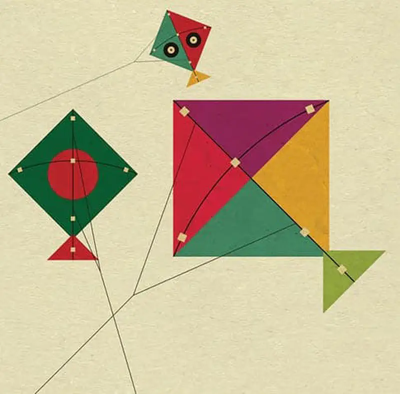 Three colorful kites in green, red, purple, and yellow geometric patterns fly with strings trailing below.