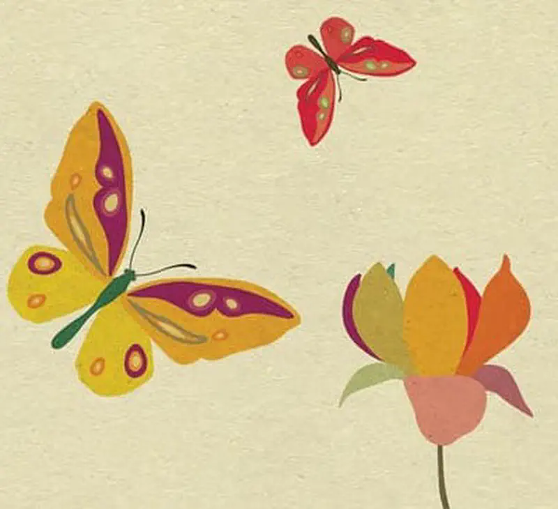 Two butterflies in yellow, purple, and red colors flutter near a colorful flower against a pale background.