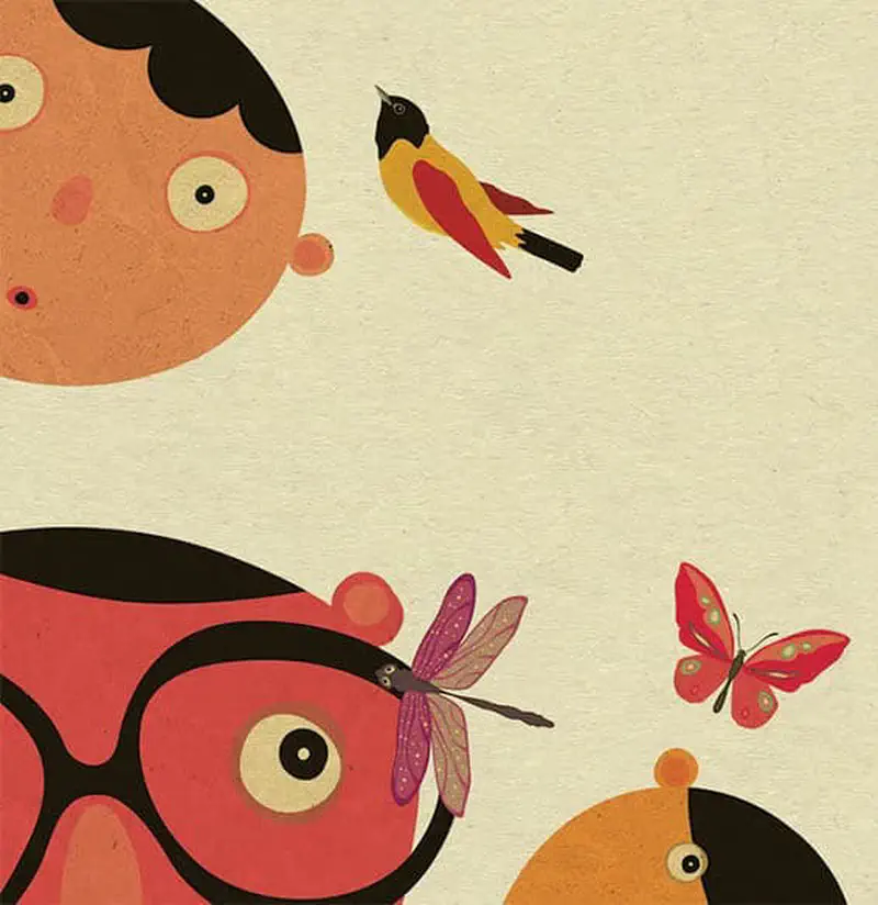 Children's faces look up at a flying bird, dragonfly, and butterfly against a light background.