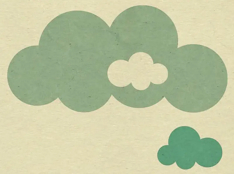 Large green fluffy clouds of different sizes float against a cream-colored sky.