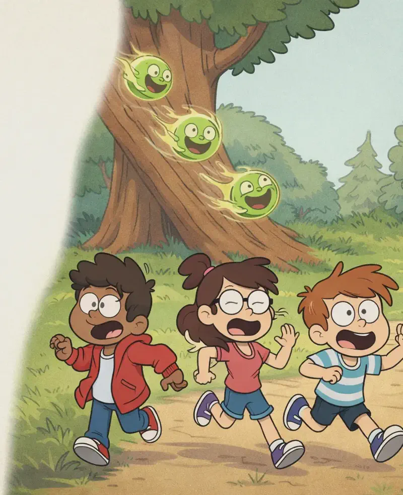 On the right side of the image, Gad — a small, round, translucent green ghost with a friendly smiling expression — is shown in a sequence floating down from a large tree, bouncing and tumbling along the big trunk toward the ground. On the lower right and middle-right, the three kids are running away in fear across a grassy outdoor park — the dark-skinned boy in a red hoodie, the girl with glasses in a pink top, and the smaller boy in a blue-and-white striped shirt — their mouths open and arms flailing in panic. One kid in the lower right foreground looks back over their shoulder with a shocked, wide-eyed expression. The scene is set outdoors in a sunny, grassy park with large trees and a dirt path.