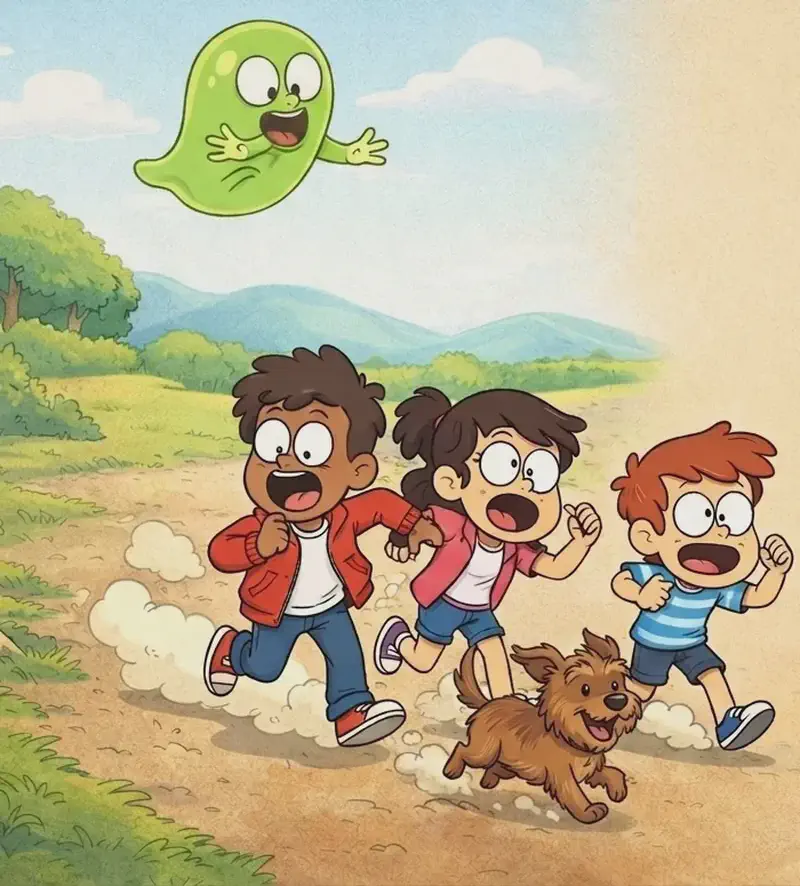 On the left side of the image, Gad — a small round translucent green ghost — floats near the bottom-left corner with an eager, outstretched pose as if calling out to the kids. The three kids are scattered across the left and center of the scene, running away from Gad at full speed with terrified expressions, kicking up dust clouds behind them as they flee along a dirt path — the dark-skinned boy in a red hoodie leads the group, the girl with glasses in a pink top sprints beside him, and the smaller boy in a blue-and-white striped shirt trails behind. A small dog sprints right alongside the kids in the middle of the scene. The setting is an outdoor suburban area with green grass, low bushes, and gentle hills with mountains in the distant background under a bright daytime sky. The right ~40% of the image is plain beige/tan background.