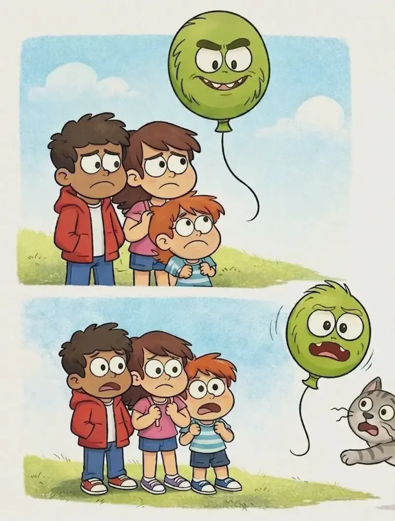 On the left side of the image, Gad floats as a green balloon with a friendly smiling face above the kids, who are huddled together on a grassy hill looking anxious and uneasy — the dark-skinned boy in a red hoodie, the girl with glasses in a pink top, and the smaller boy in a blue-and-white striped shirt stand close together. Below, in a second vignette, the kids stand clustered together with worried expressions while Cat — a small, round-bodied gray tabby cat with white muzzle and pink nose — leaps toward Gad-balloon with claws extended and back legs flexed in a powerful spring. Gad-balloon now has a scared, wide-eyed expression. The scene is set outdoors on a bright day with a clear blue sky. The right side of the image is plain white background.