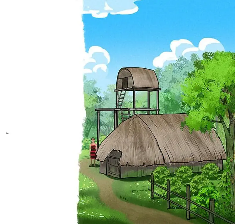 A girl in a striped dress stands near a traditional thatched hut with a watchtower, surrounded by green forest and blue sky.