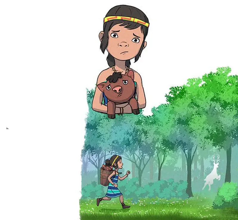 A girl carrying a basket runs through the forest chasing a white deer, while holding her piglet close.