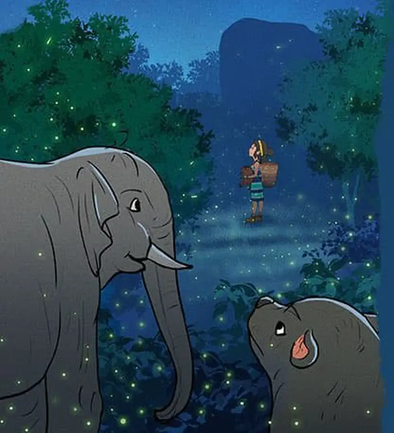 At night, a girl walks through a forest lit by fireflies while two elephants watch her from the bushes.