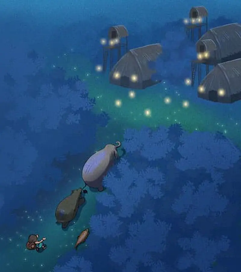 An aerial night view shows elephants and a bear leading a girl through a firefly-lit forest toward thatched huts.