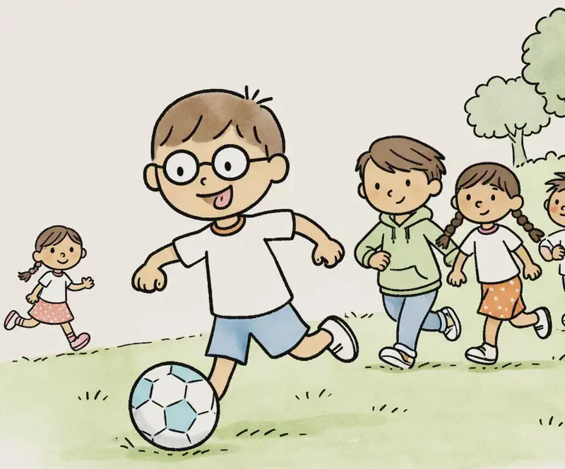 On the right side of the image, Boy with Glasses is front and center, running forward with a confident smile, his foot flicking a soccer ball from left to right as he spins past the other players. Behind him on the right, Narrator Boy runs with arms pumping, looking focused, while Girl with Braids jogs alongside with a determined expression. High Kicker Boy is visible further back, also running to keep up. Header Girl can be seen in the background on the left side, running across the grassy field. The scene is set outdoors on a sunny day on a green grassy hill with oak and maple trees in the background under a clear blue sky.