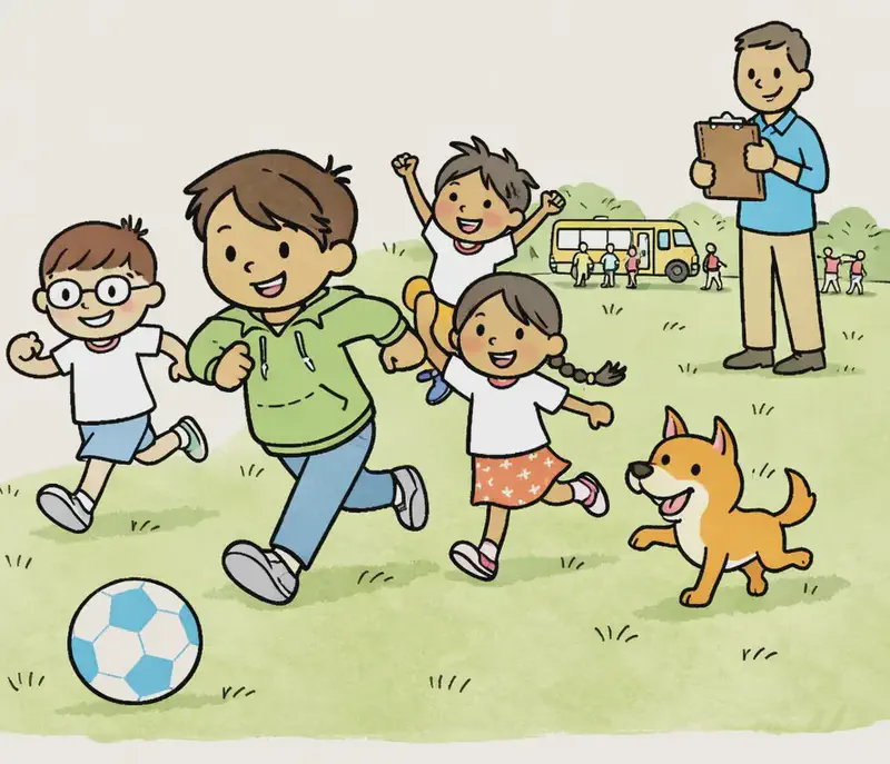 On the right side of the image, Narrator Boy leads the group running forward on a grassy field, mid-stride with a determined and excited expression, chasing a blue-and-white soccer ball in the foreground. Boy with Glasses runs just behind him to the left, arms pumping, looking energized. Girl with Braids runs alongside the group with a cheerful expression. High Kicker Boy is among the cluster of kids running behind Narrator Boy, fists raised in excitement. Header Girl runs in the group as well, smiling eagerly. The Dog trots happily beside the group on the right, mouth open in a cheerful pant. On the far right edge, a coach stands on the sideline watching the team with a clipboard, smiling encouragingly. In the distant background, a school bus is visible pulling up near the edge of the field, with a group of opposing players gathering near it. The scene is set outdoors on a sunny day on a green soccer field with oak and maple trees and blue sky in the background. The left ~40% of the image is plain light background reserved for text.