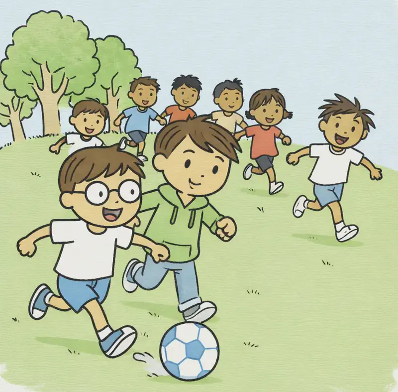 On the left side of the image, Boy with Glasses pushes forward in the foreground with a determined expression, passing a soccer ball across the grassy field with a strong kick. Narrator Boy runs closely behind him, looking focused and competitive, ready to receive or support. Behind them, a group of players from both teams jostle and run together up a green hill, with Header Girl and Girl with Braids among them, all with intense, determined expressions. High Kicker Boy is visible further back in the pack, mid-stride. Several opposing team players in different-colored jerseys run alongside the squad. The scene is set outdoors on a sunny day in a suburban park with large oak and maple trees in the background against a clear blue sky. The right side of the image fades to plain white background.