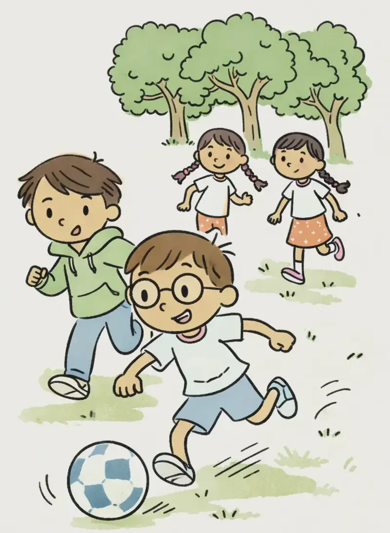On the right side of the image, Boy with Glasses leads the charge in the foreground, stretching out his leg to reach a soccer ball just in time with a focused expression. Just behind him, Narrator Boy sprints with a competitive, determined look, arms pumping as he chases the ball. In the background on the right, Girl with Braids runs with an eager expression, while Header Girl is visible further back, also in motion. All four characters are running across a grassy outdoor field on a bright, sunny day, with leafy oak and maple trees behind them. The soccer ball bounces in the lower-right foreground with motion lines indicating fast play.