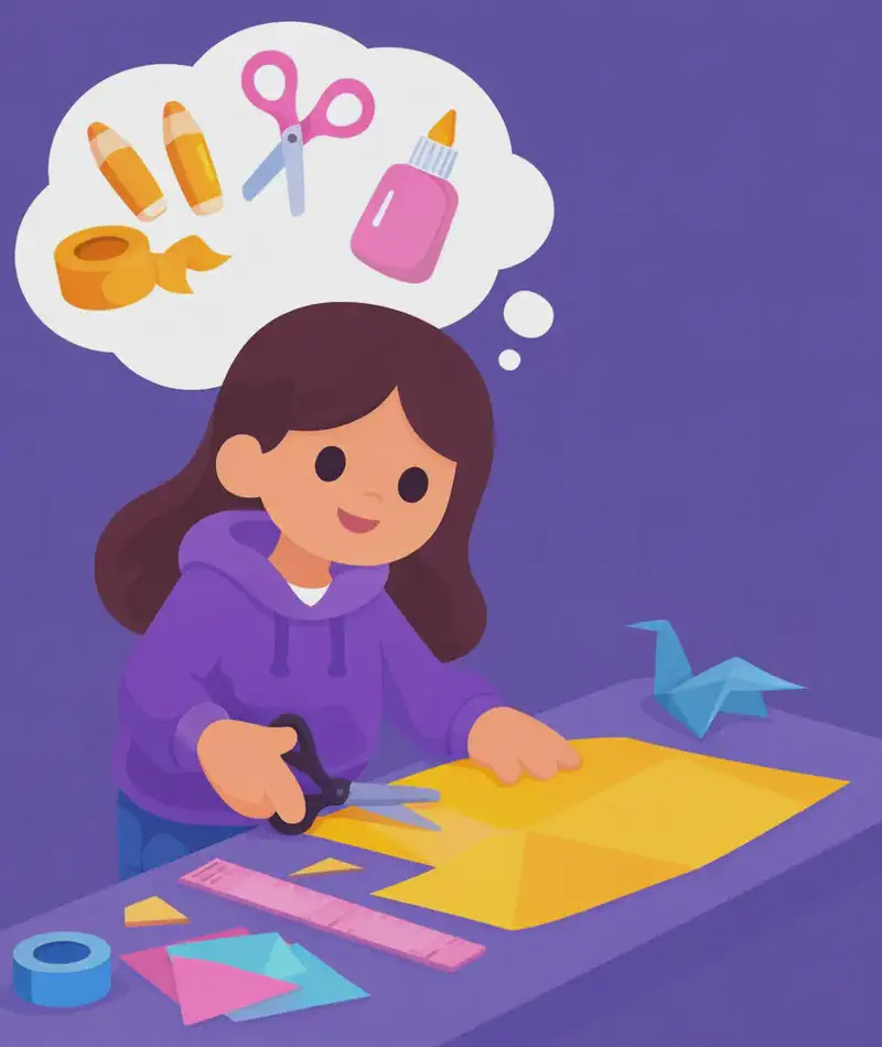 On the left side of the image, Girl sits at a table or work surface, leaning forward with a happy, focused smile as she works on cutting out paper shapes for her kite. She holds scissors in one hand while pressing down on a large sheet of paper with the other. The table is covered with craft supplies including a ruler, tape, colored paper, and an origami figure. Above her head is a thought bubble filled with crafting tools — scissors, tape, pencils, and a bottle of glue — showing her planning out what she needs. The scene is set indoors against a plain purple-blue background, with the right side of the image left clear.
