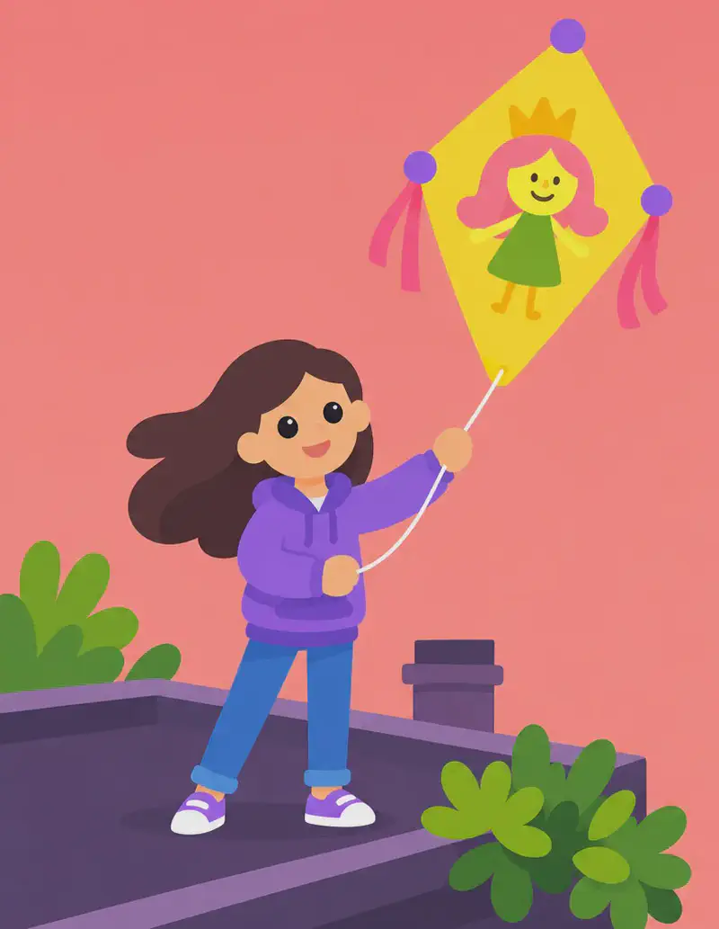On the left side of the image, Girl stands on a rooftop, smiling with her arms raised joyfully as she flies a large yellow diamond-shaped kite. The kite soars triumphantly above her, displaying a child's crayon drawing of a smiling pale yellow-skinned troll queen with pink hair and a green dress wearing a crown.  Her long dark brown hair and hoodie drawstrings blow in the wind, and her face beams with pride and excitement. The scene is set outdoors on a suburban rooftop at sunset, with a warm orange-pink sky in the background and green plants visible along the roof's edge. The right side of the image is open sky.