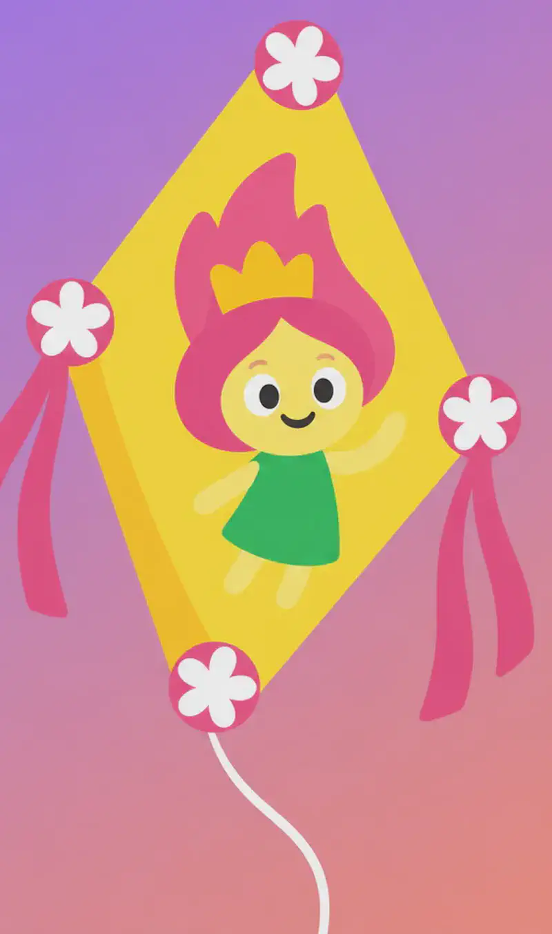 On the left side of the image, a yellow diamond-shaped kite flies against a soft sunset sky of pinks, purples, and oranges. The kite displaying a child's crayon drawing of a smiling pale yellow-skinned troll queen with pink hair and a green dress wearing a crown. A white string trails from the kite's bottom toward the lower right. The right side of the image is open sky, providing clear space for text overlay.
