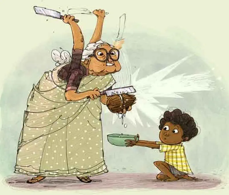 Grandmother raises a blade to crack open a coconut while coconut water sprays into a bowl held by the kneeling boy.