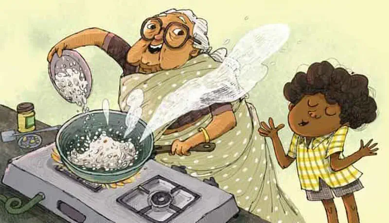 Grandmother pours grated coconut into a pan on a stove while the boy stretches and yawns beside her.