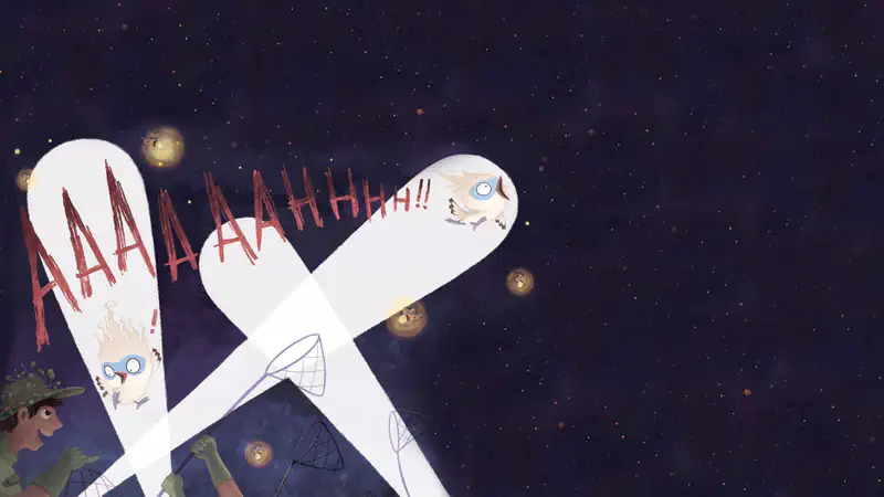 Tim screams and flies upward to escape crossing flashlight beams from hunters with nets among fireflies at night.