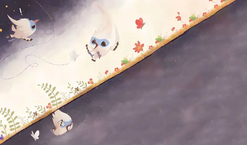 Tim flies diagonally across the scene from day to night, passing a butterfly and flowers while another bird watches with surprise.