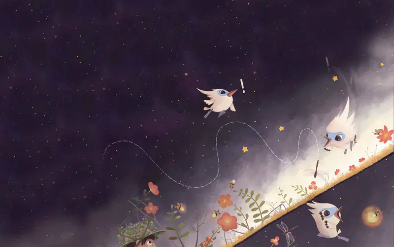 Tim flies through a starry night sky over flowers while spotting fireflies glowing in the darkness below.