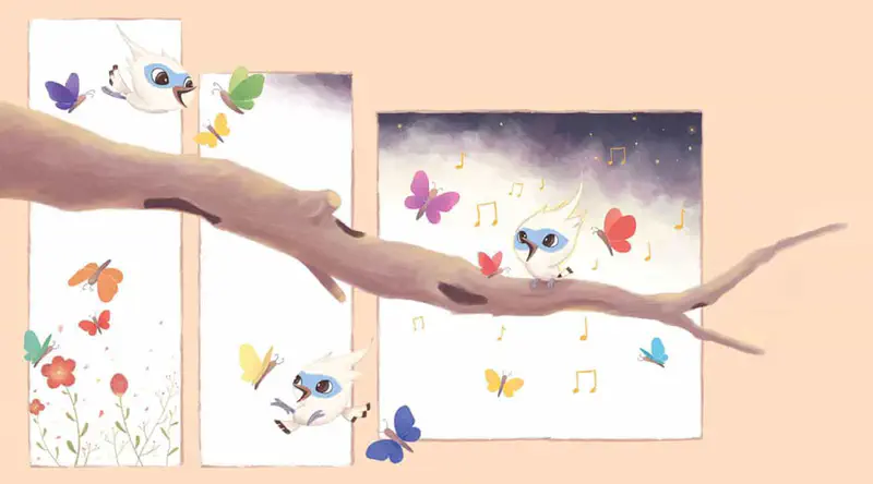 A comic strip shows Tim chasing colorful butterflies through flowers, then singing on a branch at night surrounded by them.