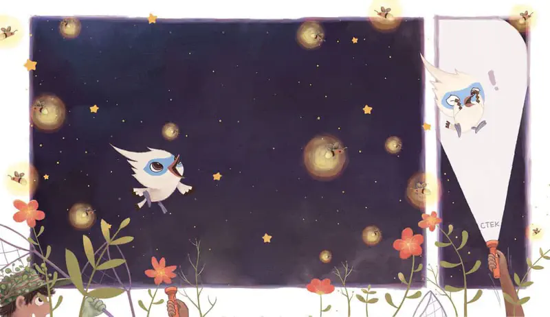 Tim watches glowing fireflies at night among flowers while a hunter shines a flashlight beam that catches him by surprise in a two-panel scene.