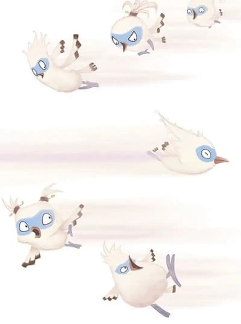 Tim flies fast with eyes closed, shown in multiple poses with motion blur lines, trying not to get distracted.