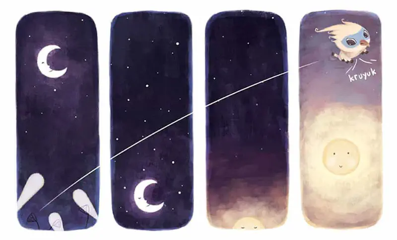 Four panels show Tim flying through the night past the moon, with the final panel showing sunrise and Tim making tired sounds.