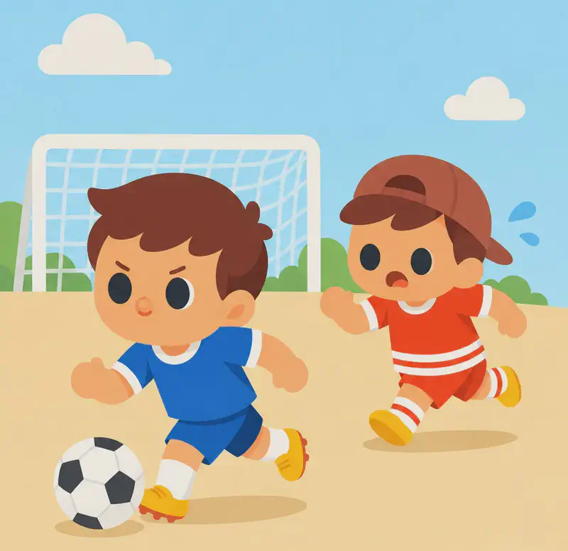 On the left side of the image, Fafa dribbles a soccer ball with a focused, determined expression, running swiftly across a dirt soccer field, wearing a blue short-sleeved soccer jersey, blue shorts, white socks, and yellow cleats. Behind him and slightly to the right, Jojo chases after Fafa with a strained, hopeless look on his face, clearly struggling to keep up, wearing a red short-sleeve shirt, red shorts with white horizontal stripes, a dark reddish-brown baseball cap worn backwards, white socks, and yellow shoes. A soccer goal net is visible in the background, and the outdoor scene is set under a bright daytime sky.  There is no number on Fafa's jersey.