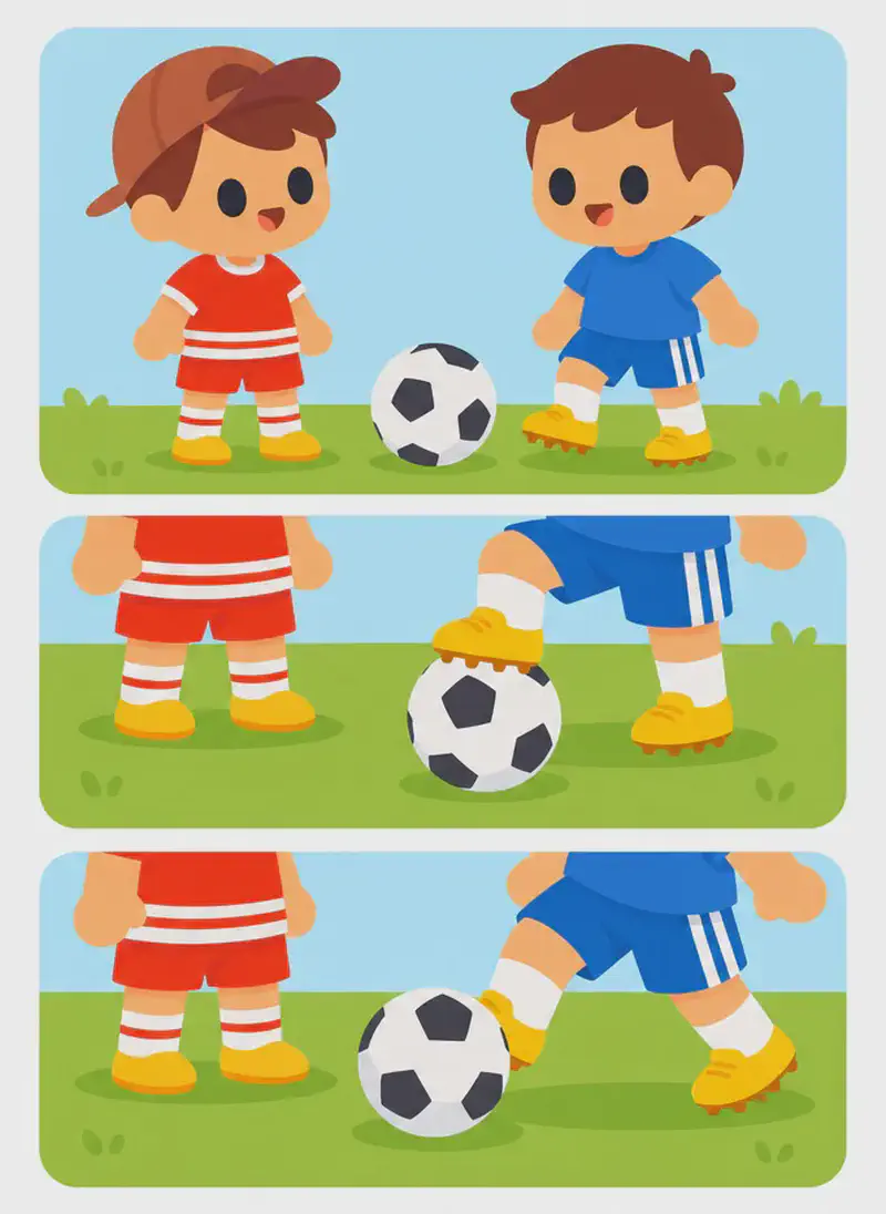 On the right side of the image, a sequence of three stacked comic-style panels shows a close-up of Fafa's feet in yellow cleats and blue shorts skillfully controlling a soccer ball on a grassy field, while Jojo's legs in red shorts with white stripes, white socks, and yellow shoes stand nearby watching. The top panel shows the ball between both characters' feet, the middle panel shows Fafa trapping the ball with one foot, and the bottom panel shows Fafa moving the ball to the other foot — depicting the fluid foot-to-foot ball control described in the text. The left ~40% of the image is plain white background, leaving space for text overlay.  Fafa is wearing a blue shirt, not red.