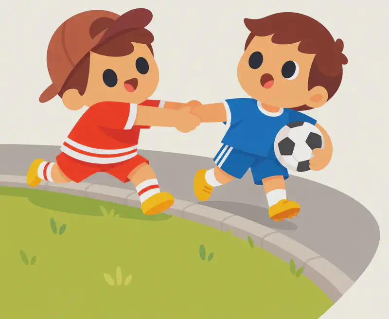On the left side of the image, Jojo is lunging forward with a determined, brave expression, grabbing Fafa by the hand and pulling him off a suburban road onto the grassy curb. Jojo wears a red short-sleeve shirt, red shorts with white horizontal stripes, a dark reddish-brown baseball cap worn backwards, white socks, and yellow shoes. Fafa looks surprised and grateful, holding a soccer ball under one arm as he is tugged to safety, wearing a blue short-sleeved soccer jersey, blue shorts, white socks, and yellow cleats. The scene is set outdoors on a daytime suburban street with a paved road curving behind them and a grassy shoulder in the foreground. The right side of the image is plain light background.