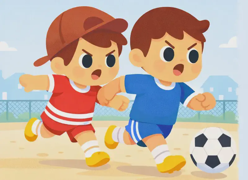 On the left side of the image, Fafa is running forward with the soccer ball at his feet, looking determined and focused as he dribbles past, wearing a blue short-sleeved soccer jersey, blue shorts, white socks, and yellow cleats. Just behind him, Jojo is chasing and reaching forward with a frustrated, determined expression, trying to tackle the ball away, wearing a red short-sleeve shirt, red shorts with white horizontal stripes, a dark reddish-brown baseball cap worn backwards, white socks, and yellow shoes. The two are on a dusty suburban soccer field with a chain-link fence and houses visible in the background under a clear blue sky.