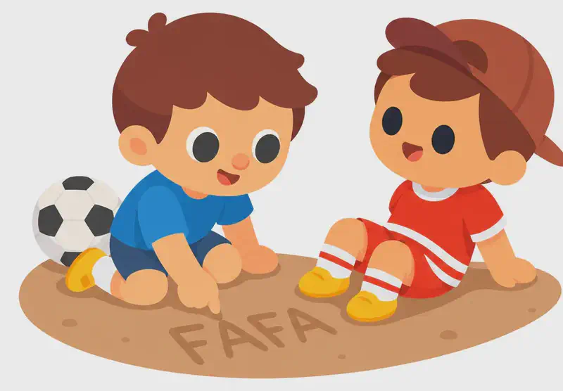 On the upper left, Fafa and Jojo sit on the ground facing each other on a patch of dirt. Fafa smiles and writes the name 'FAFA' in the dirt.  'FAFA' should be visible in the dirt in big letters. He has a soccer ball resting behind him, wearing blue shorts, white socks, and yellow cleats. Jojo sits across from him, leaning back slightly on his hands, looking at Fafa with interest, wearing a red short-sleeve shirt, red shorts with white horizontal stripes, a dark reddish-brown baseball cap worn backwards, white socks, and yellow shoes. The right side of the image is plain white background.  Fafa is wearing a blue shirt, not a red one.