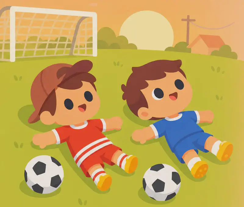 On the left side of the image, Jojo and Fafa are lying on their backs on a soccer field, gazing up at the sky with content, happy expressions. Jojo wears a red short-sleeve shirt, red shorts with white horizontal stripes, a dark reddish-brown baseball cap worn backwards, white socks, and yellow shoes. Fafa wears a blue short-sleeved soccer jersey, blue shorts, white socks, and yellow cleats. Two soccer balls rest on the ground near them. The scene is set outdoors on a suburban soccer field at sunset, with warm golden-pink light flooding the sky and goal nets visible in the background. The right side of the image opens into soft, hazy sky with no characters or detail.  Fafa is wearing a blue jersey and shorts, not a red one, and has no number on his jersey.