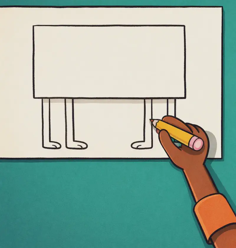 On the left side of the image, a large rectangular drawing is shown against a teal/green background — it depicts a simple shape with four legs and feet drawn beneath it, representing the 'living thing' Paul has been sketching. Paul's dark brown-skinned hand reaches up from the bottom center-left, the edge of his bright orange t-shirt sleeve visible, holding a yellow pencil, actively adding details to the drawing. The right side of the image is plain teal background. The composition suggests a close-up of Paul's artwork in progress, with only his drawing hand visible as he concentrates on making the legs symmetrical.