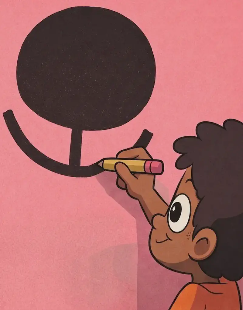 On the right side of the image, a large black circle sits against a solid pink background, with a bold curved smile line extending below it — forming the cat-like grinning face that Paul has been drawing. Paul's dark brown-skinned hand reaches up from the bottom-right, the edge of his bright orange t-shirt sleeve visible, holding a yellow pencil and actively adding the curved smile line. In the lower-right corner, the edge of an open laptop screen is partially visible, showing a reference photo Paul has been studying. The left side of the image is plain pink background.