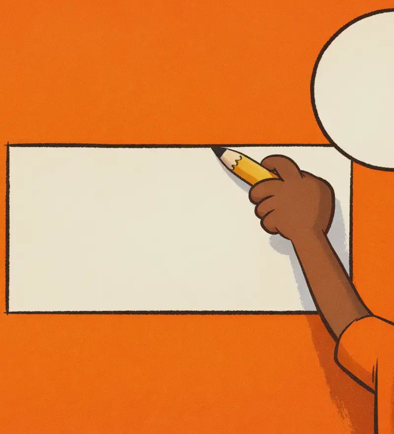 On the right side of the image, Paul's dark brown-skinned hand reaches up holding a yellow pencil, the edge of his bright orange t-shirt sleeve visible, drawing a large rectangle on a bright orange background. Next to the rectangle, a circle is partially visible in the upper-right corner — these are the shapes he has been drawing. The composition is a close-up of Paul's arm and hand in the act of sketching, conveying focused, deliberate creativity.