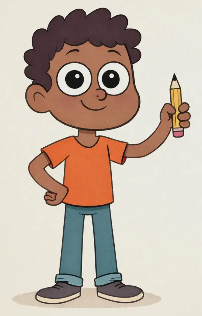 On the left side of the image, Paul is standing and holding up a yellow pencil in his right hand, smiling with a cheerful, eager expression as if ready to add something to his drawing. He has dark brown skin, short curly black hair, and large round eyes with prominent white sclera and black pupils. He wears a bright orange short-sleeved t-shirt, teal-blue jeans, and gray sneakers with white soles. The background is a plain, warm cream color, leaving the right side of the image open for text.