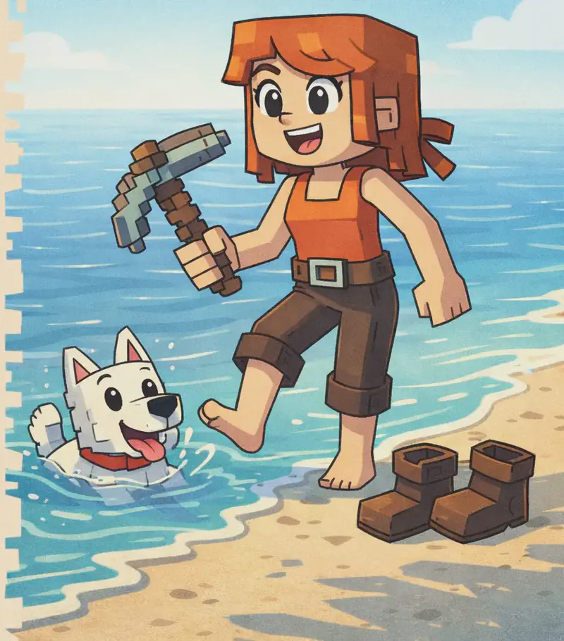 On the right side of the image, Jill stands at the water's edge on a sandy beach on a bright, sunny afternoon. She is a blocky, Minecraft-style character with a square head, shoulder-length auburn/copper-orange hair with a side-swept fringe, large round dark eyes, light/fair skin, and a laughing open-mouthed expression. She wears a bright orange sleeveless top with a brown belt at the waist and dark brown pants, and is kicking off her brown boots at the shoreline, one foot bare. She holds a gray-and-brown pickaxe in her right hand. In the shallow water nearby, Minx — a blocky, Minecraft-style white dog with large pointed ears with pink inner ear details, round black eyes, a black nose, a pink tongue, and a red collar — splashes about with just her head poking above the surface. A calm ocean stretches to the horizon. Long afternoon shadows stretch across the sand. The left ~40% of the image is a plain beige panel reserved for text.