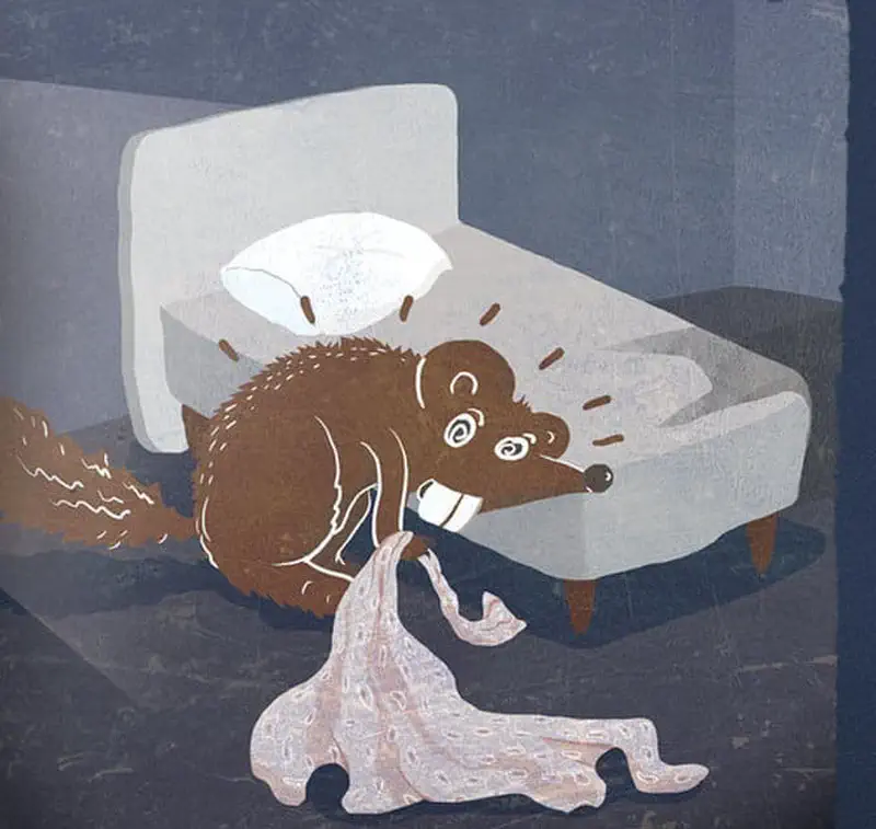 The brown mouse sits shaking on the bed clutching a blanket with wide spiral eyes, startled awake and scared.