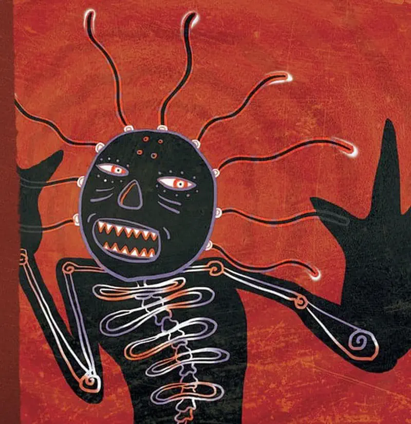 The ghost makes a scary face with sharp teeth against a red background, arms raised with clawed hands.