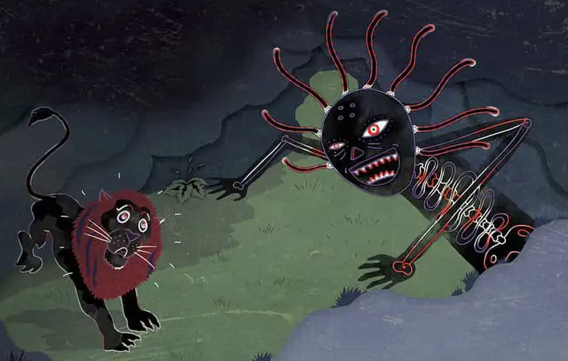 The ghost pops up with arms spread wide to scare a startled black lion with a red mane against a dark night sky.
