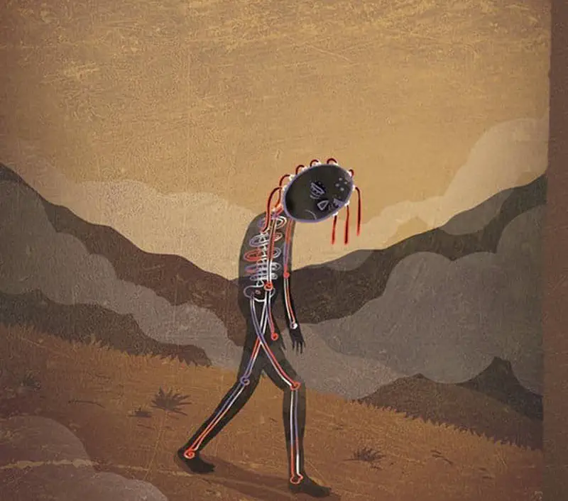 The ghost walks sadly through a desert landscape with drooping hair and slumped shoulders, not in the mood to scare.