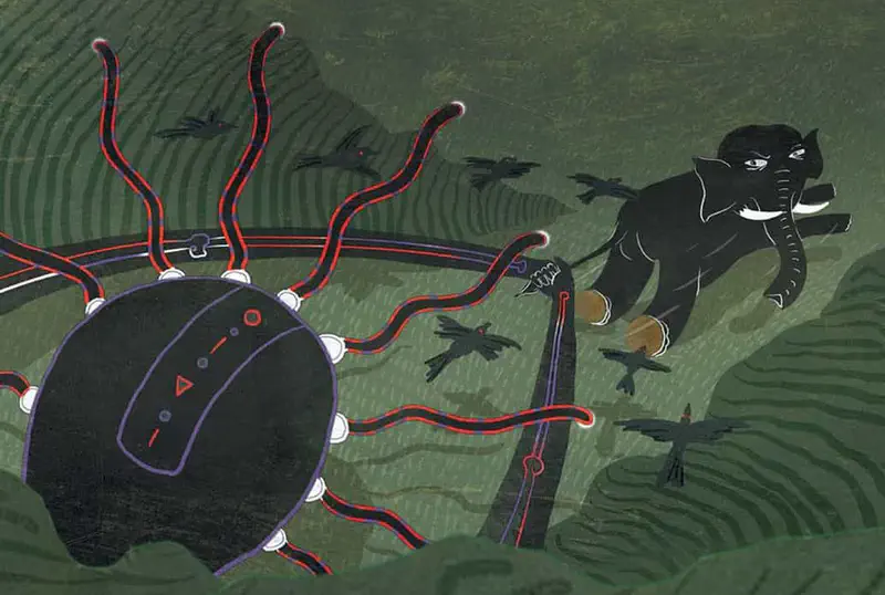 The ghost with tentacle hair chases a frightened black elephant across green hills as birds fly away.