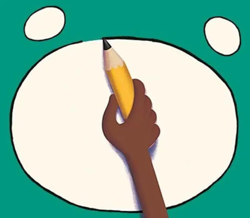 A hand holds a yellow pencil drawing a big oval with two smaller ovals on each side on a teal background.