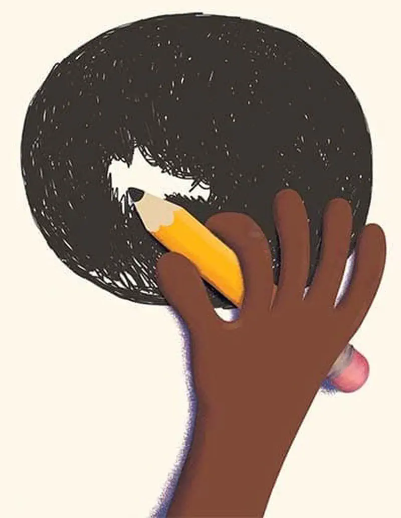 A hand with a pencil fills in a large black circle, creating a solid nose shape on the drawing.