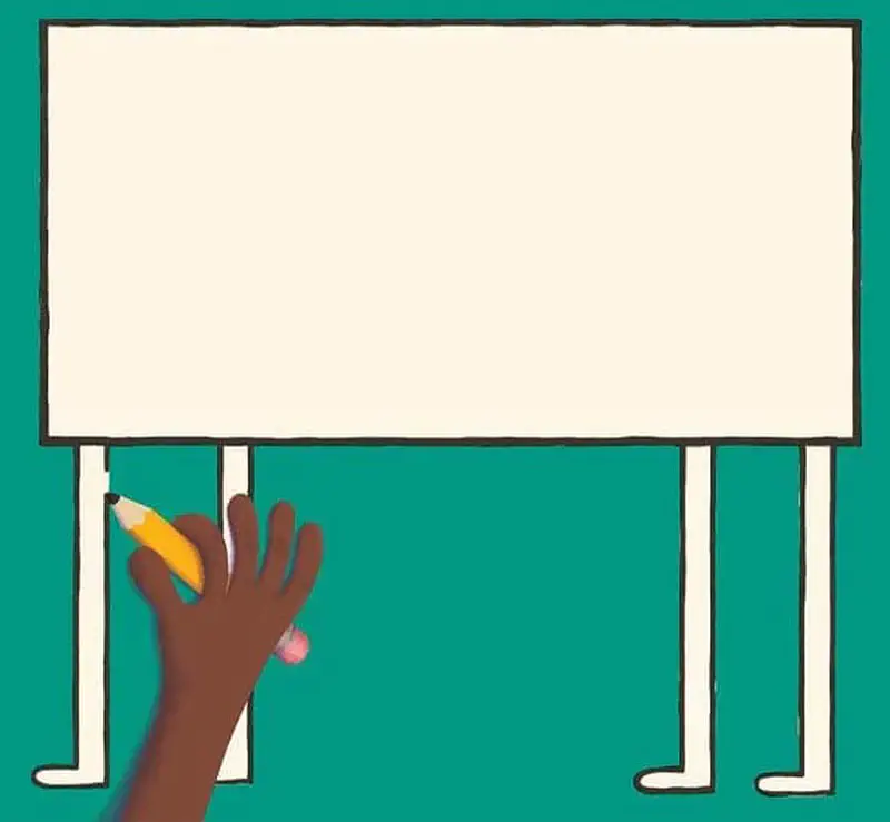 A hand adds four stick legs to a rectangular body shape on a teal background, forming animal legs.