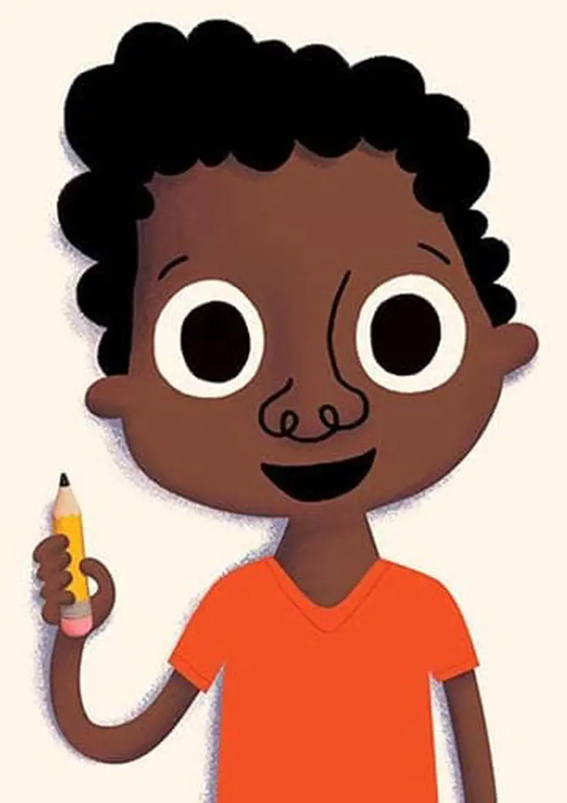 A smiling boy with curly hair in an orange shirt holds a pencil and looks pleased with his drawing.