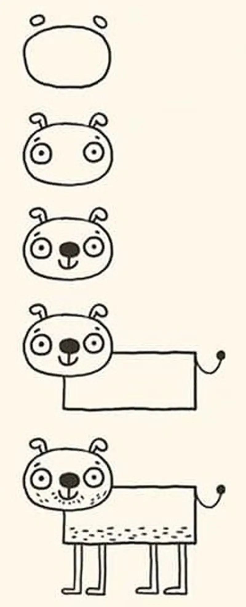 Step-by-step instructions showing how to draw a dog: oval, add ears and eyes, nose and smile, body, then legs and tail.